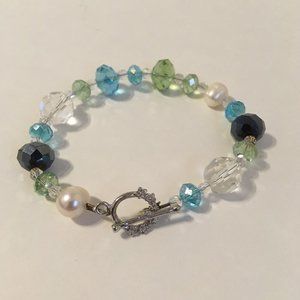 Blue Crystal Bracelet Beaded Clear White Pearl